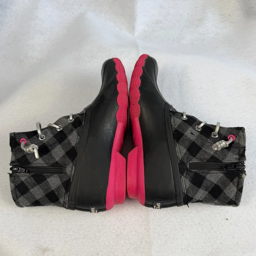 Sperry Saltwater Plaid Duck Boots Black Pink‎ Waterproof Zip Side Kids Size 4